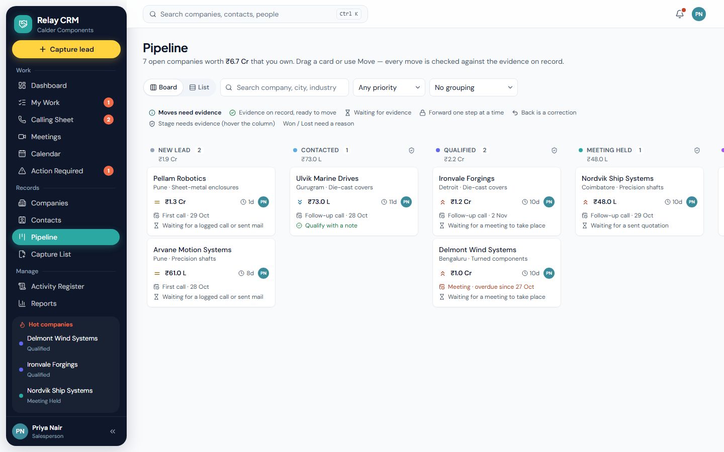 Relay CRM: Evidence-based Sales CRM, demo screen